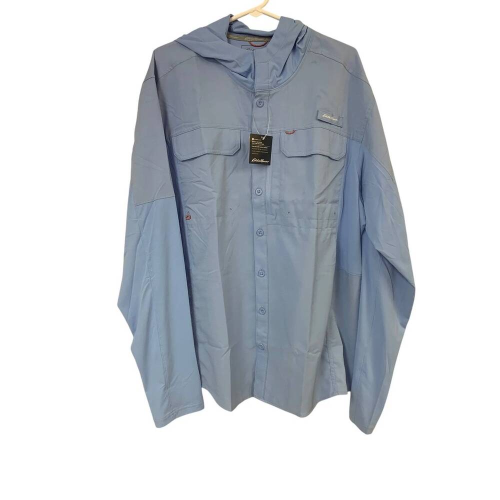 NEW EDDIE BAUER men's classic fit twin fin hoodie shirt in light blue